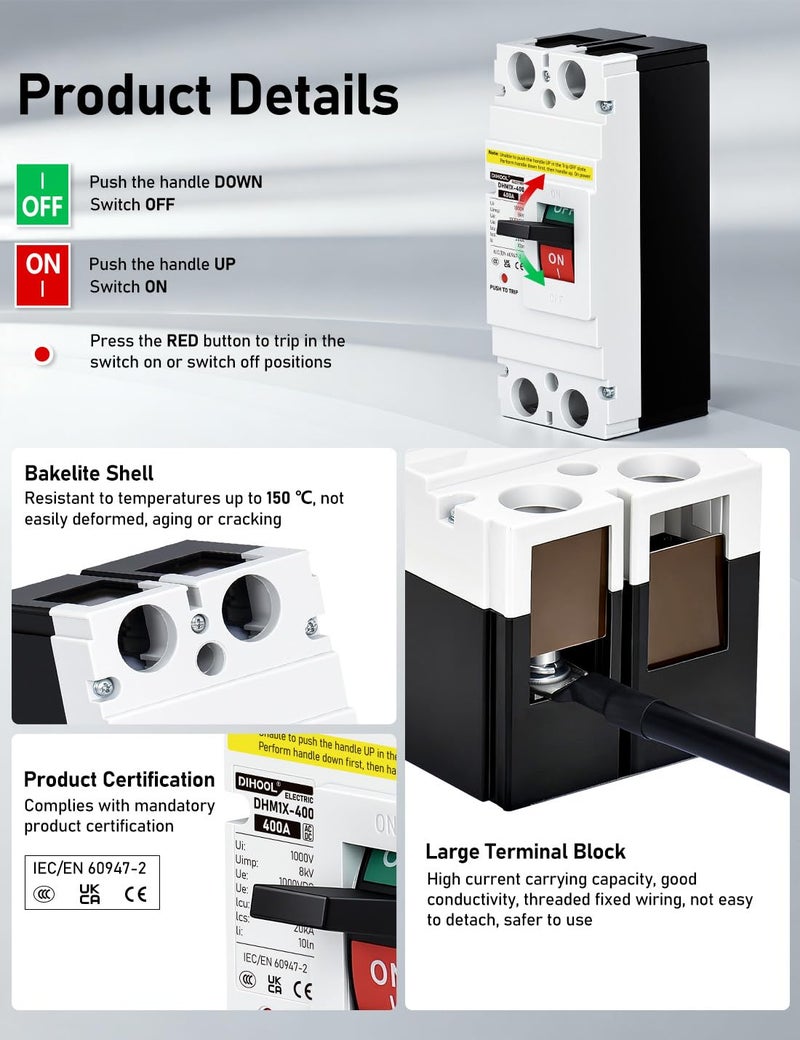 DIHOOL Heavy Duty Battery Disconnect Switch, 400 Amp DC Circuit Breaker for Boat Trolling Motor Marine,Solar System, UPS - Image 5